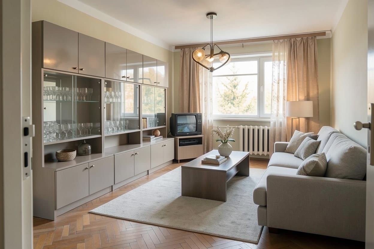 Living de apartament de bloc reamenajat în stil modern, cu mobilier simplu, culori deschise și fereastra largă în același loc