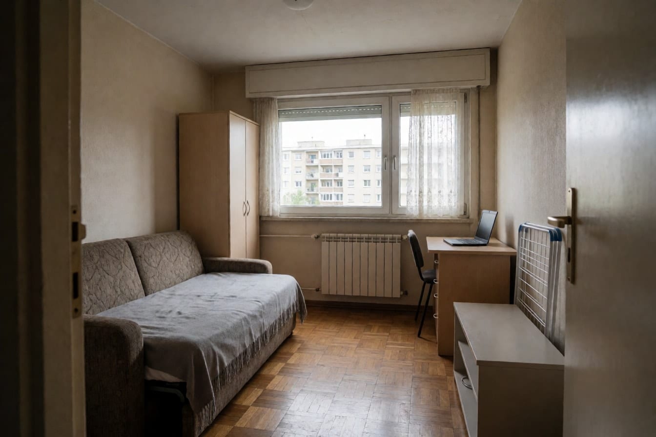 Garsonieră de bloc cu canapea extensibilă, dulap mic, birou cu laptop, uscător de rufe și calorifer sub fereastra termopan