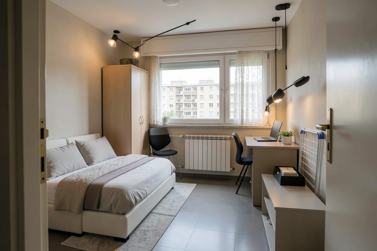 Garsonieră de bloc reamenajată în stil modern, cu mobilier compact, culori deschise și fereastra largă spre blocurile vecine