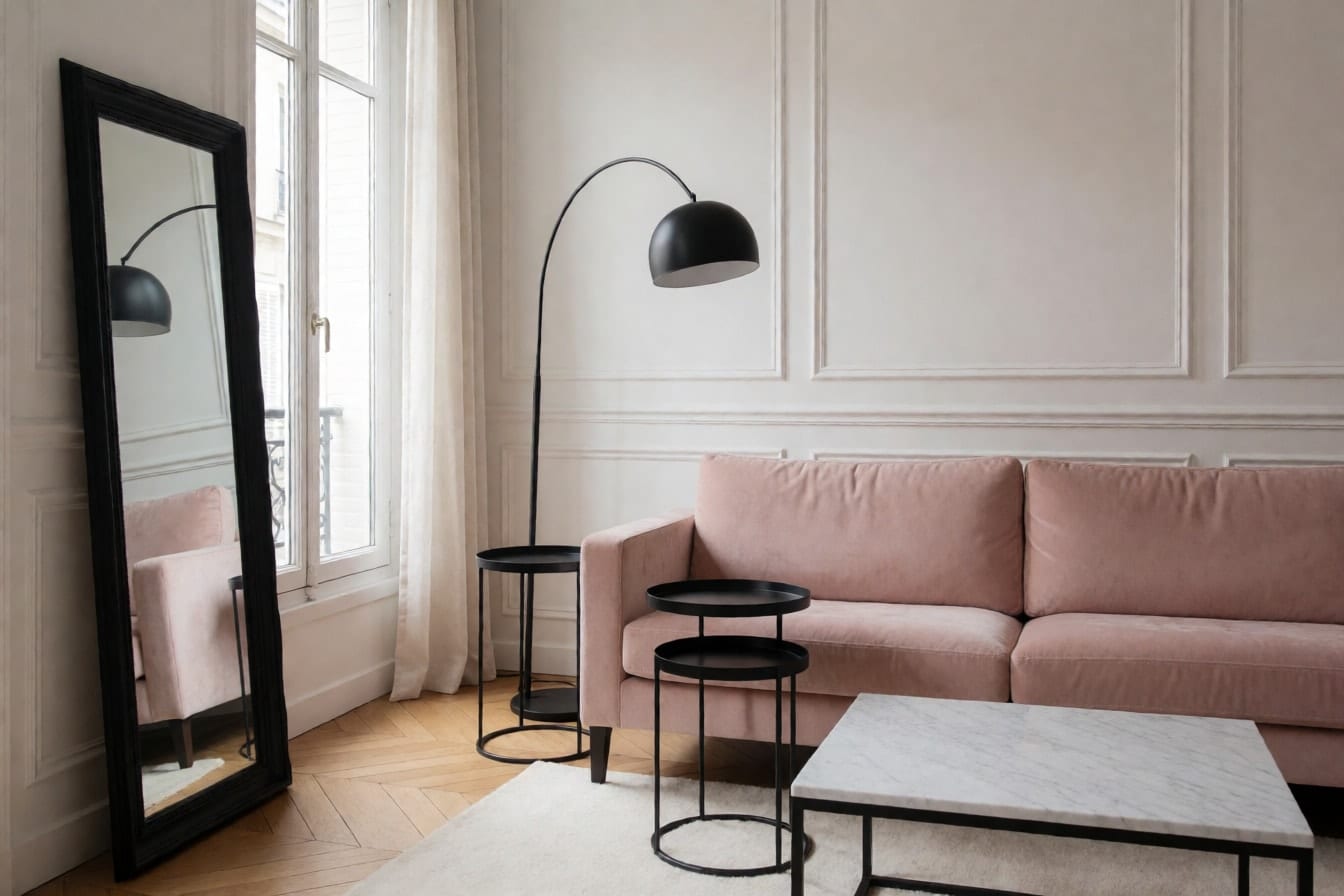Wohnzimmer mit rosa Samtsofa, schwarzer Bogenleuchte, schwarzen Metalltischen, großem schwarz gerahmtem Spiegel und Fischgrätparkett