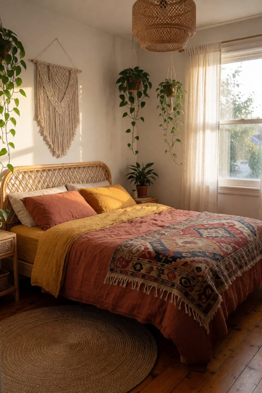A bohemian bedroom with rust and ochre linen, a rattan headboard and trailing pothos
