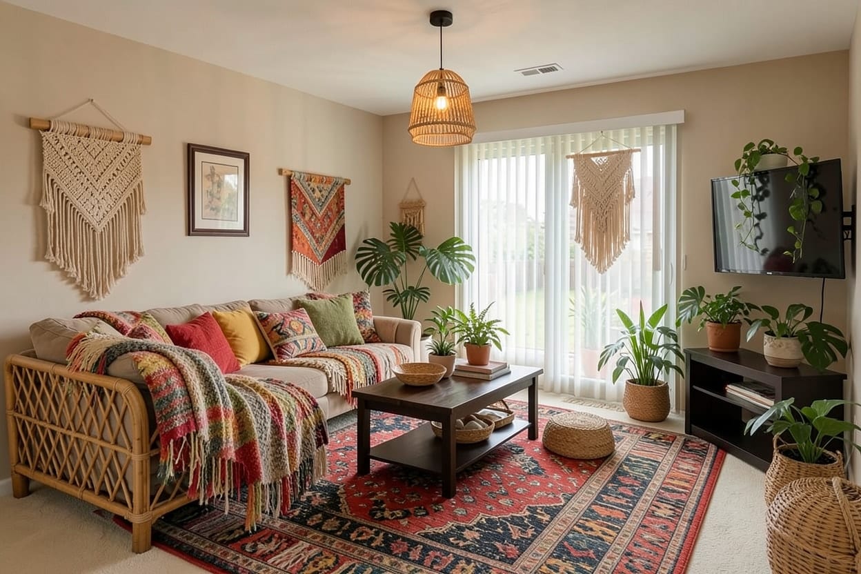 The same living room redesigned boho with rattan, layered rugs, patterned cushions and plants