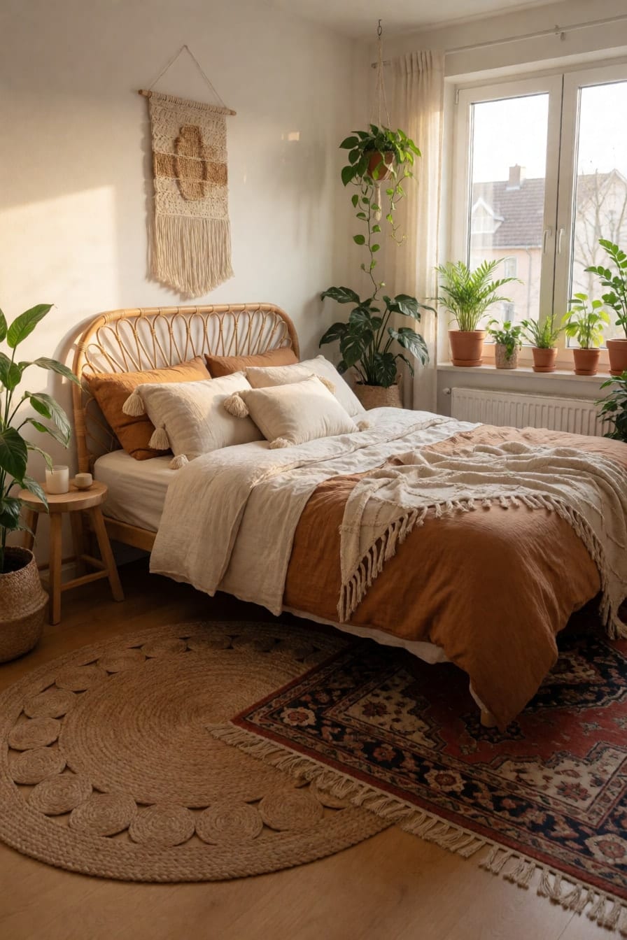 Boho-Schlafzimmer mit Rattan-Kopfteil, Bettwäsche in Creme und Terrakotta, gewebtem Wandbehang, zwei Teppichen und vielen Pflanzen am Fenster