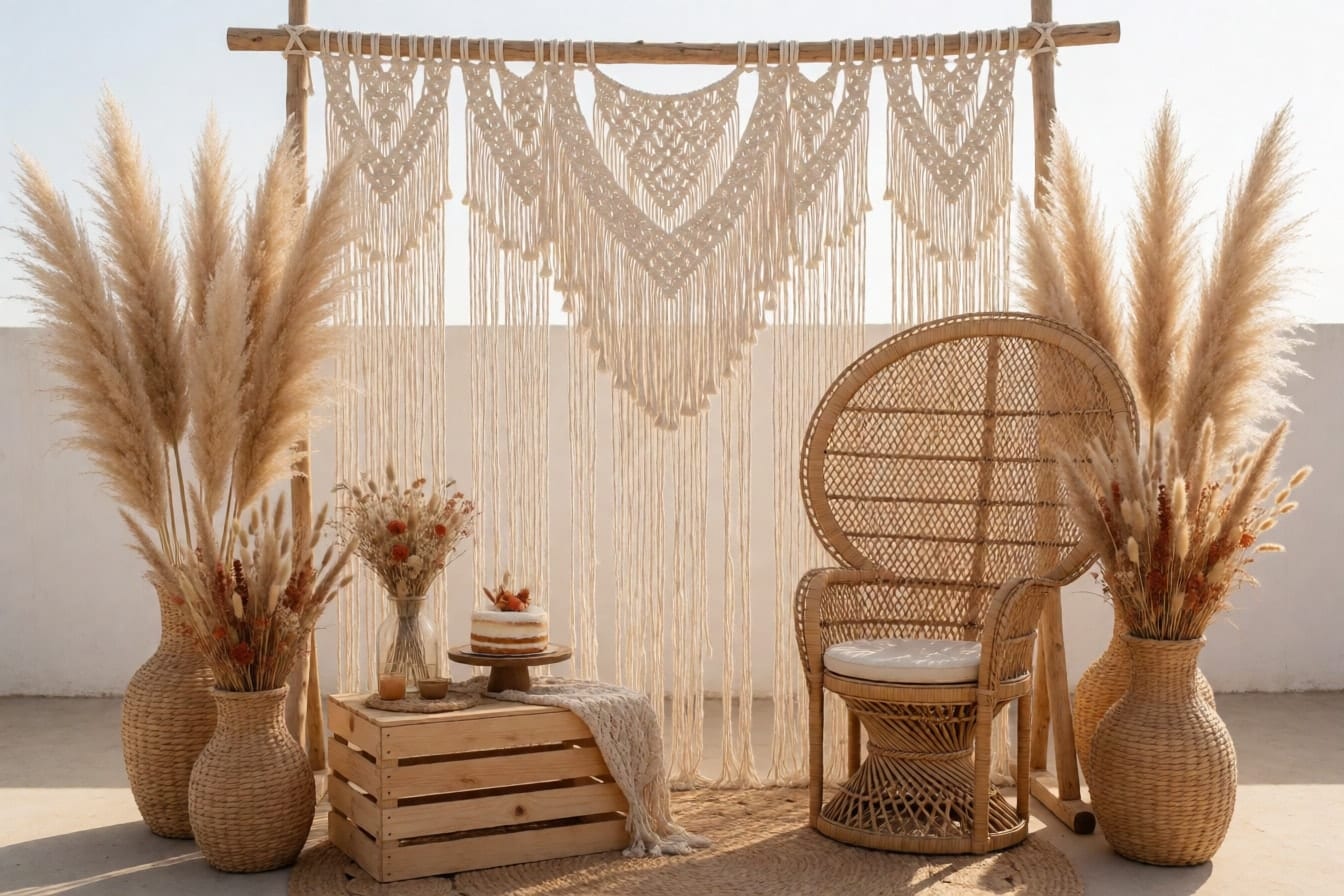 Boho na backdrop na may cream na macrame sa kahoy na frame, pampas grass sa hinabing plorera, rattan na peacock chair at maliit na cake