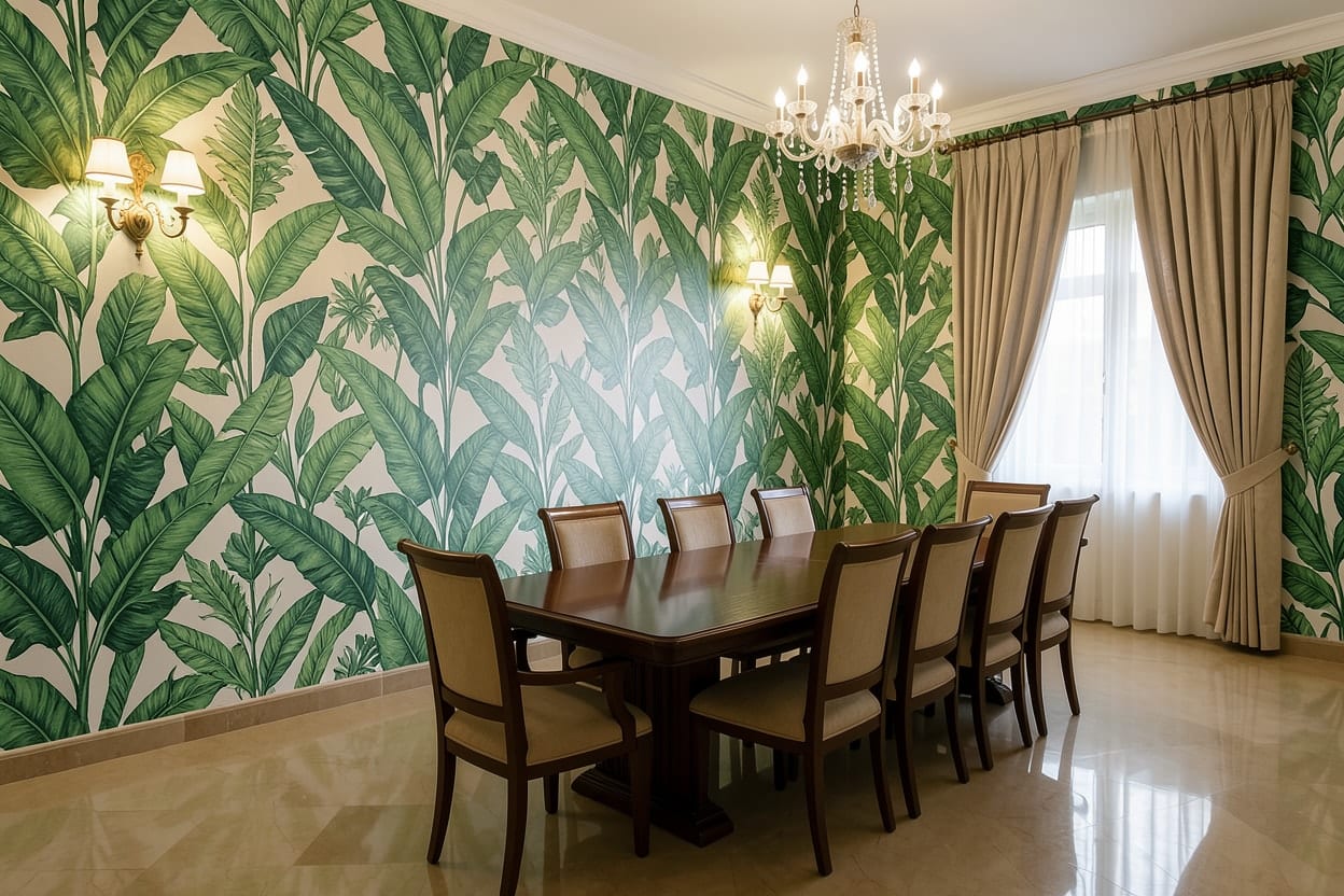 A dining room in a Gulf villa, its cream walls changed to Botanical wallpaper.