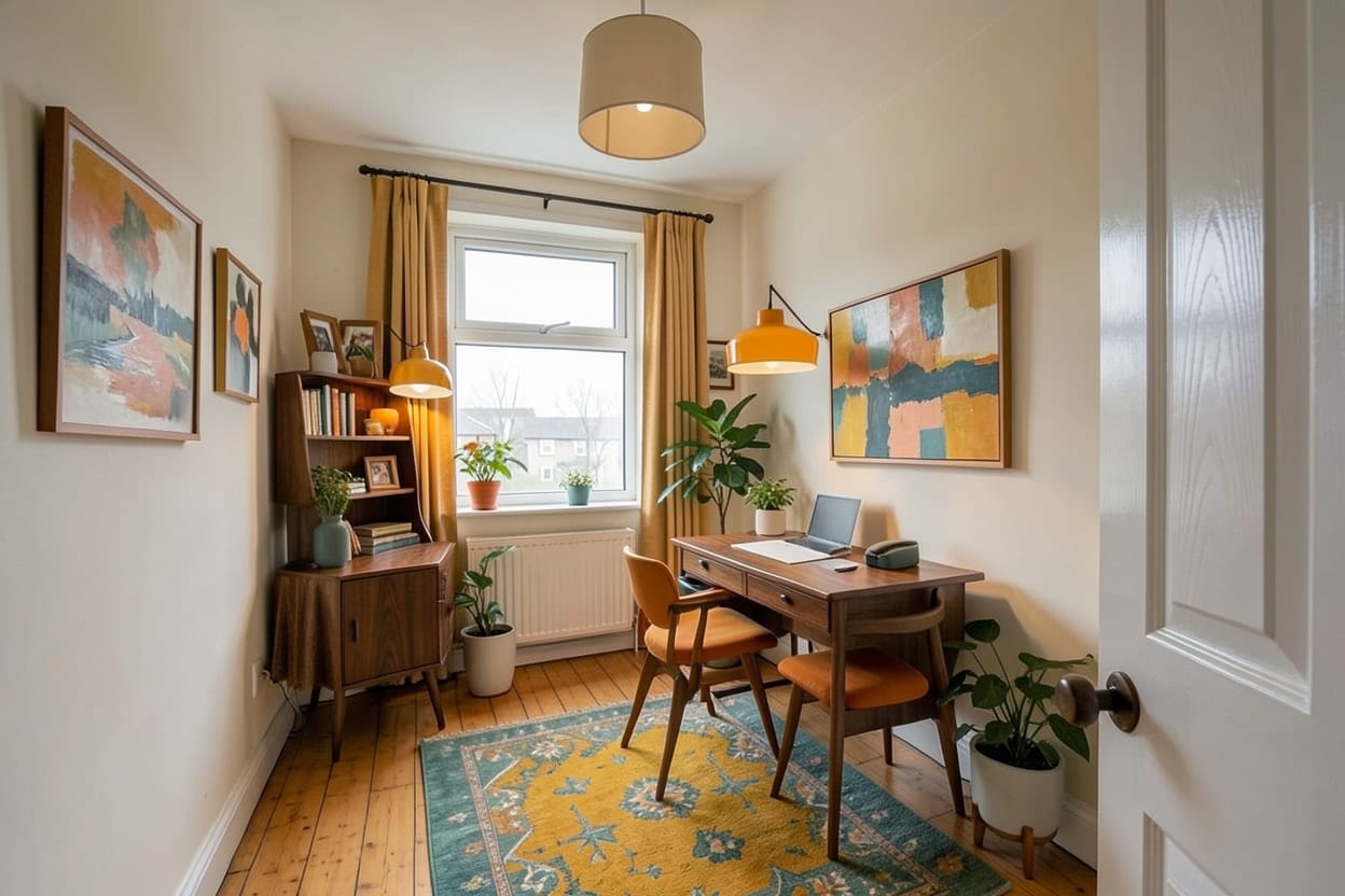 The same box room staged as a mid-century home office with a desk, a chair and storage