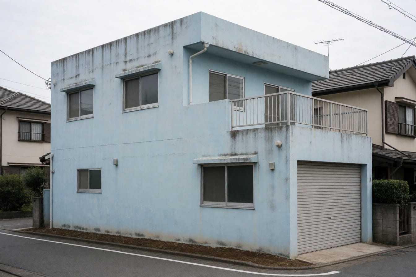 Rumah kotak dua lantai beratap dak dengan dinding biru muda bernoda, jendela geser aluminium, balkon kecil berpagar besi, dan rolling door garasi