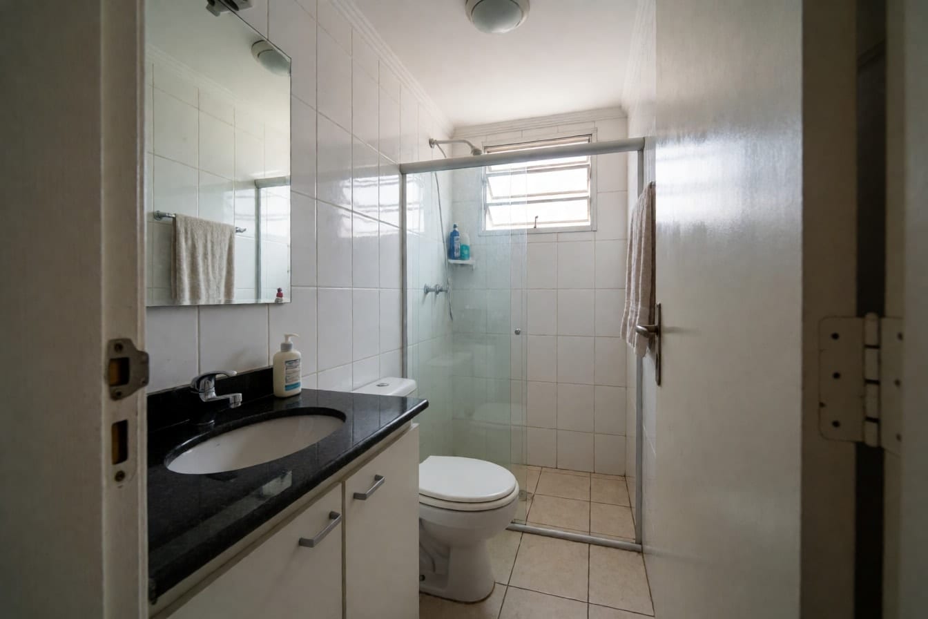 Banheiro pequeno de apartamento com bancada de granito preto, cuba oval branca, gabinete branco, box de vidro e janela basculante no alto