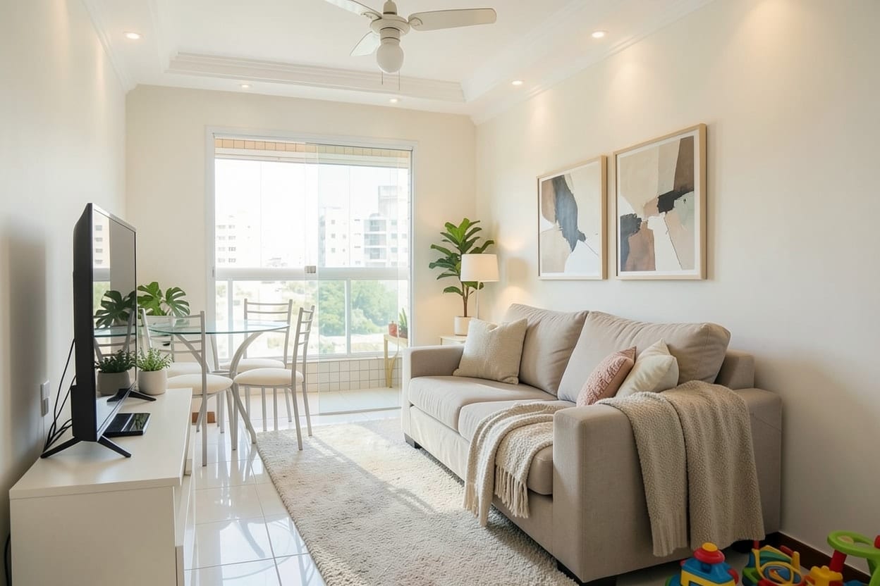Sala de apartamento com varanda redecorada em estilo moderno e tons de branco quente, com sofá cinza, tapete claro, almofadas e luminárias