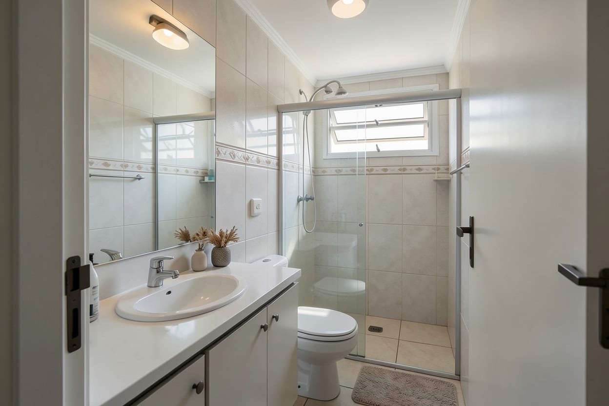 Banheiro de casa reformado em estilo moderno, com porcelanato claro em placas grandes, gabinete suspenso, box de vidro até o teto e espelho com luz indireta