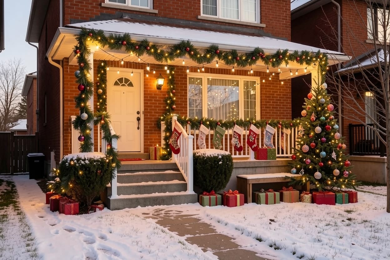 The front porch and steps of a red brick house in light snow, decorated outdoors for Christmas.