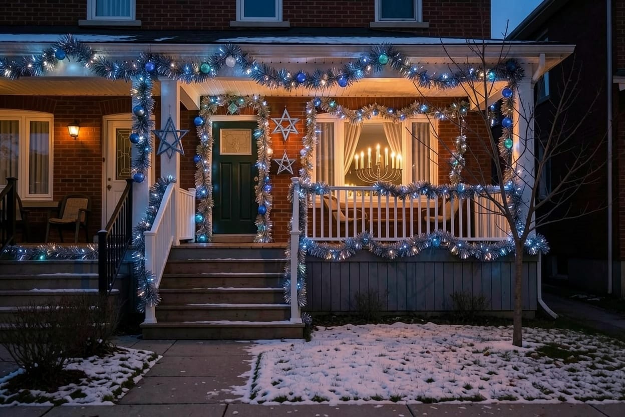 The front porch of a brick house in Toronto at winter dusk, decorated outdoors for Hanukkah.
