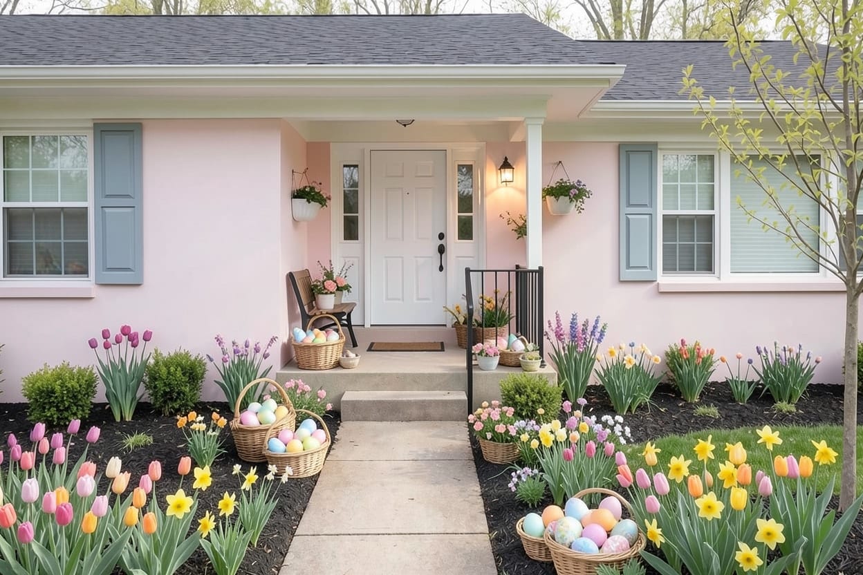 The front entrance of a red brick ranch house, decorated outdoors for Easter.