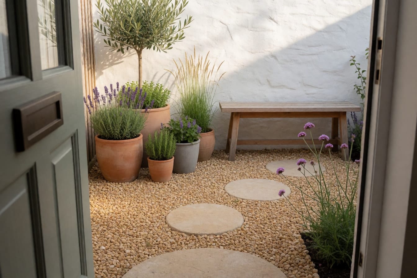 Kleine grindtuin met ronde stapstenen, terracotta en grijze potten met lavendel, rozemarijn, een olijfboompje en grassen, en een houten bank tegen een witte muur