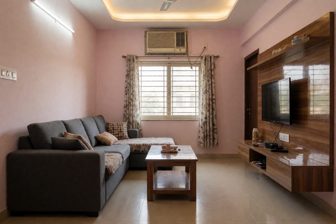 दिल्ली-एनसीआर के बिल्डर फ़्लोर का लिविंग रूम, ग्रे L-शेप सोफ़ा, चमकदार लैमिनेट वॉल यूनिट पर टीवी, हल्की गुलाबी दीवारें और खिड़की के ऊपर स्प्लिट AC