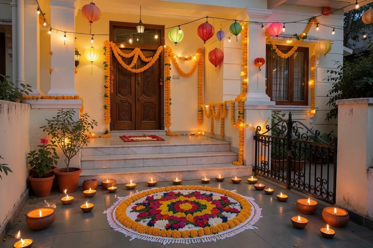 Pintu hadapan berukir dan tangga marmar sebuah banglo keluarga, dihias untuk Deepavali.