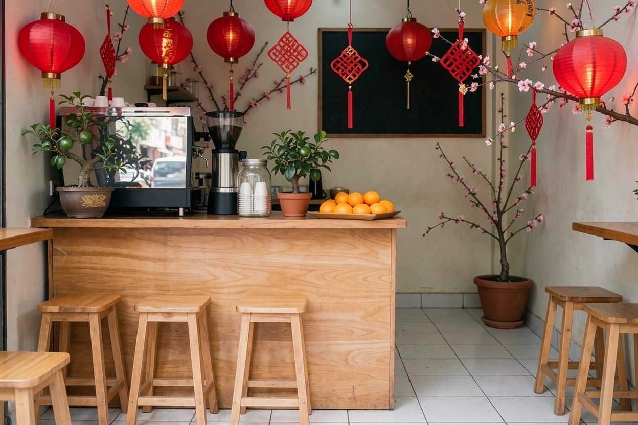 Quầy quán cà phê trang trí Tết với hoa trên quầy và đèn lồng đỏ treo phía trên, máy pha cà phê vẫn thông thoáng