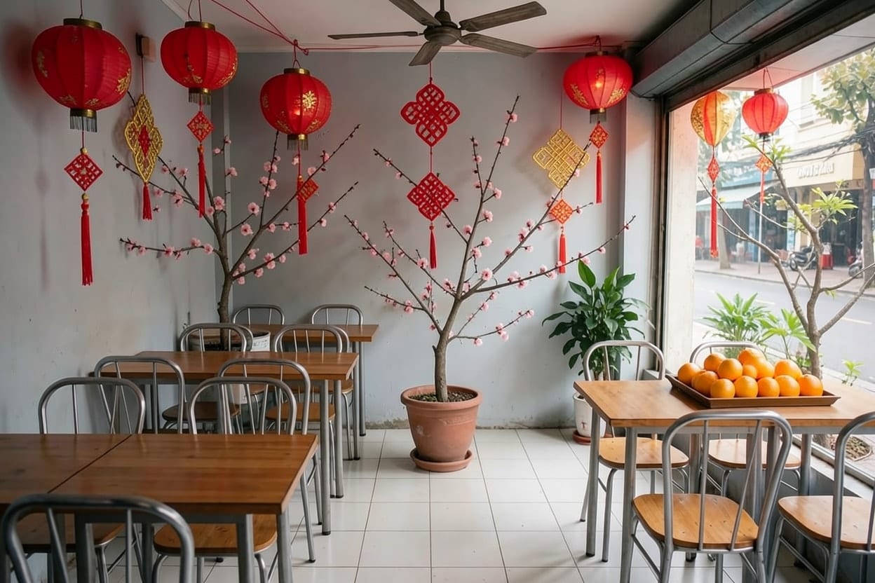 Khu ngồi quán cà phê sau khi trang trí Tết với đèn lồng đỏ, cành hoa, chậu quất và điểm nhấn đỏ, bàn ghế giữ nguyên chỗ cũ