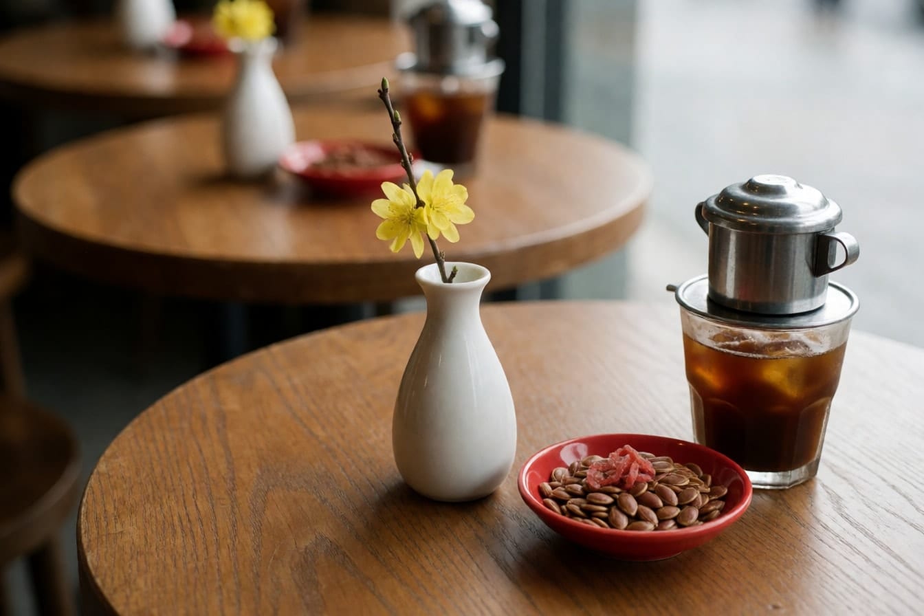 Bàn gỗ tròn với bình sứ trắng cắm nhánh mai vàng, đĩa đỏ đựng hạt dưa và mứt dừa, ly cà phê đá cạnh chiếc phin