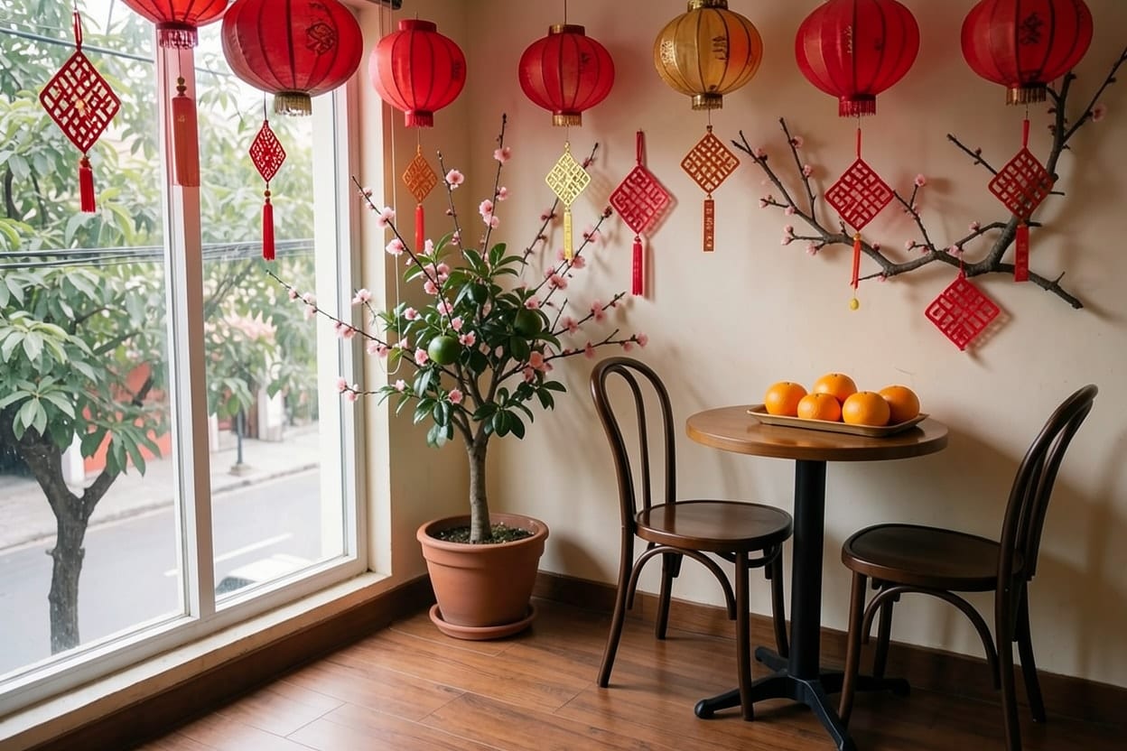 Góc cửa sổ tầng trên quán cà phê trang trí Tết thành góc check-in với sắc đỏ, hoa và đèn lồng