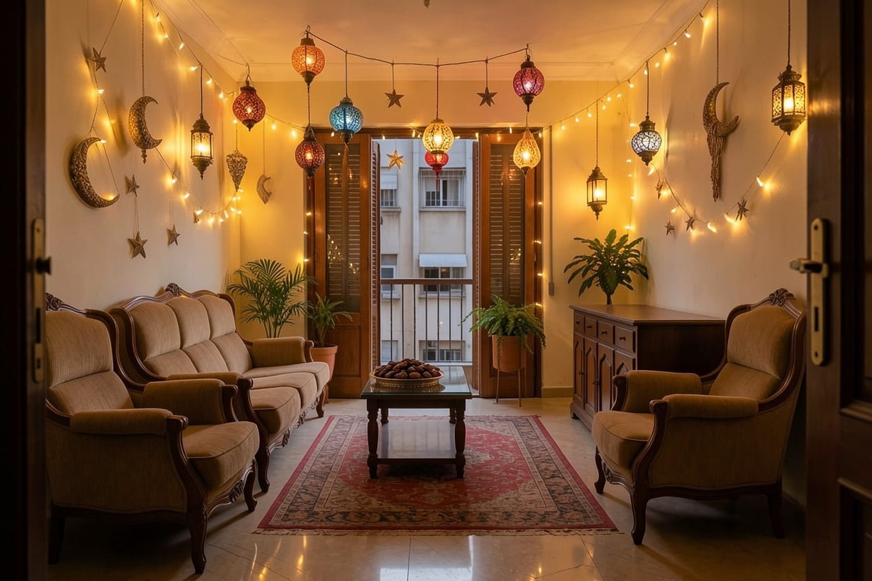 The living room of a flat in Cairo with tall balcony doors, decorated for Ramadan and Eid.