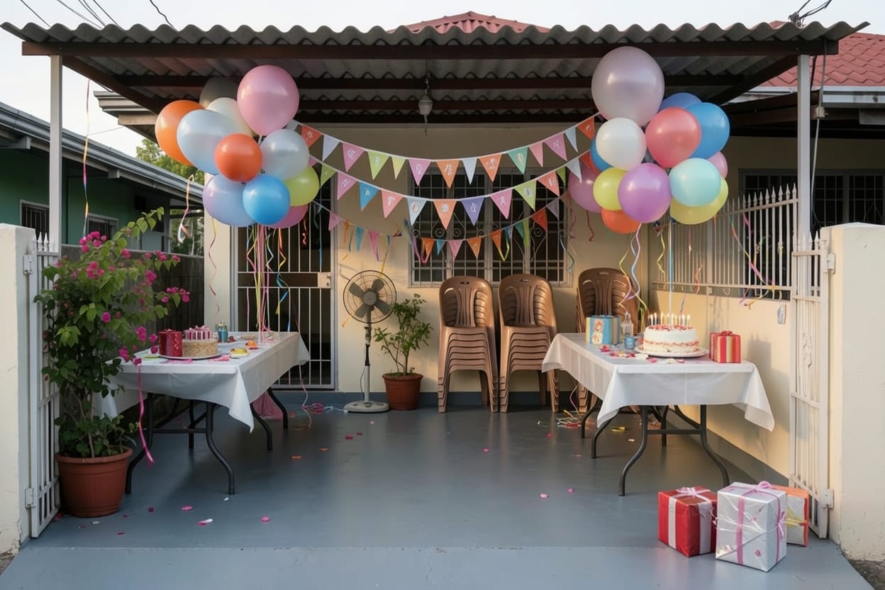 Carport ng bahay na dinekorasyunan para sa kiddie party, may balloon garland, mesa ng cake at makukulay na palamuti