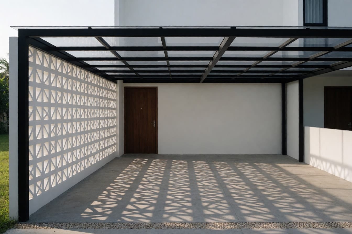 Carport kosong dengan dinding roster beton putih bermotif, kanopi baja hitam beratap polikarbonat bening, dan lantai beton abu