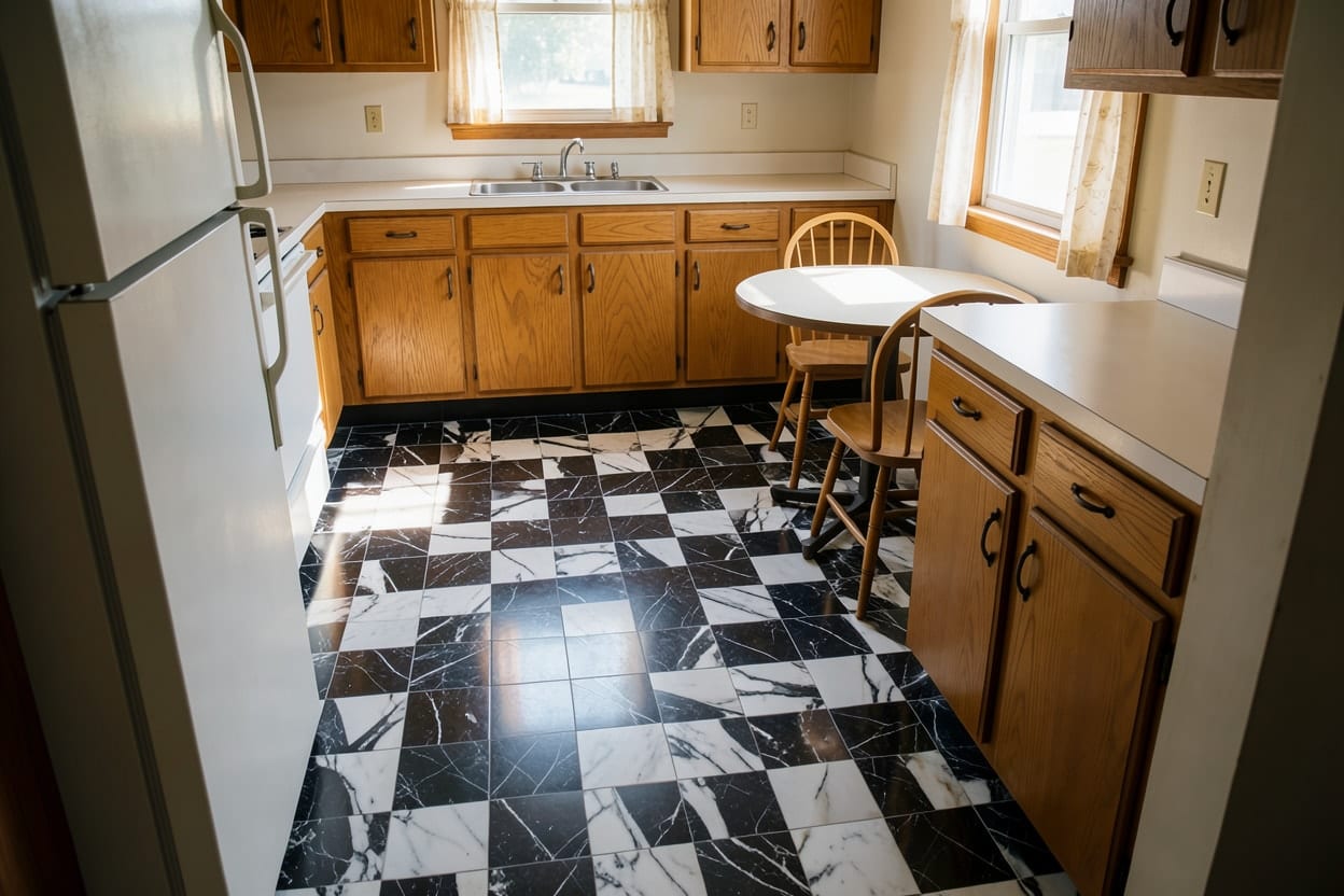 A 1990s kitchen in an Ohio family house, its old vinyl floor changed to Checkerboard.