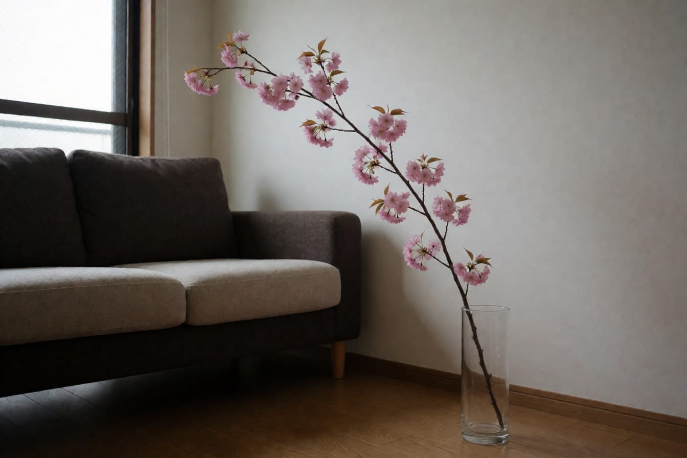 Hohe Glasvase mit einem langen rosa Kirschblütenzweig in einer Wohnzimmerecke, dahinter ein Sofa