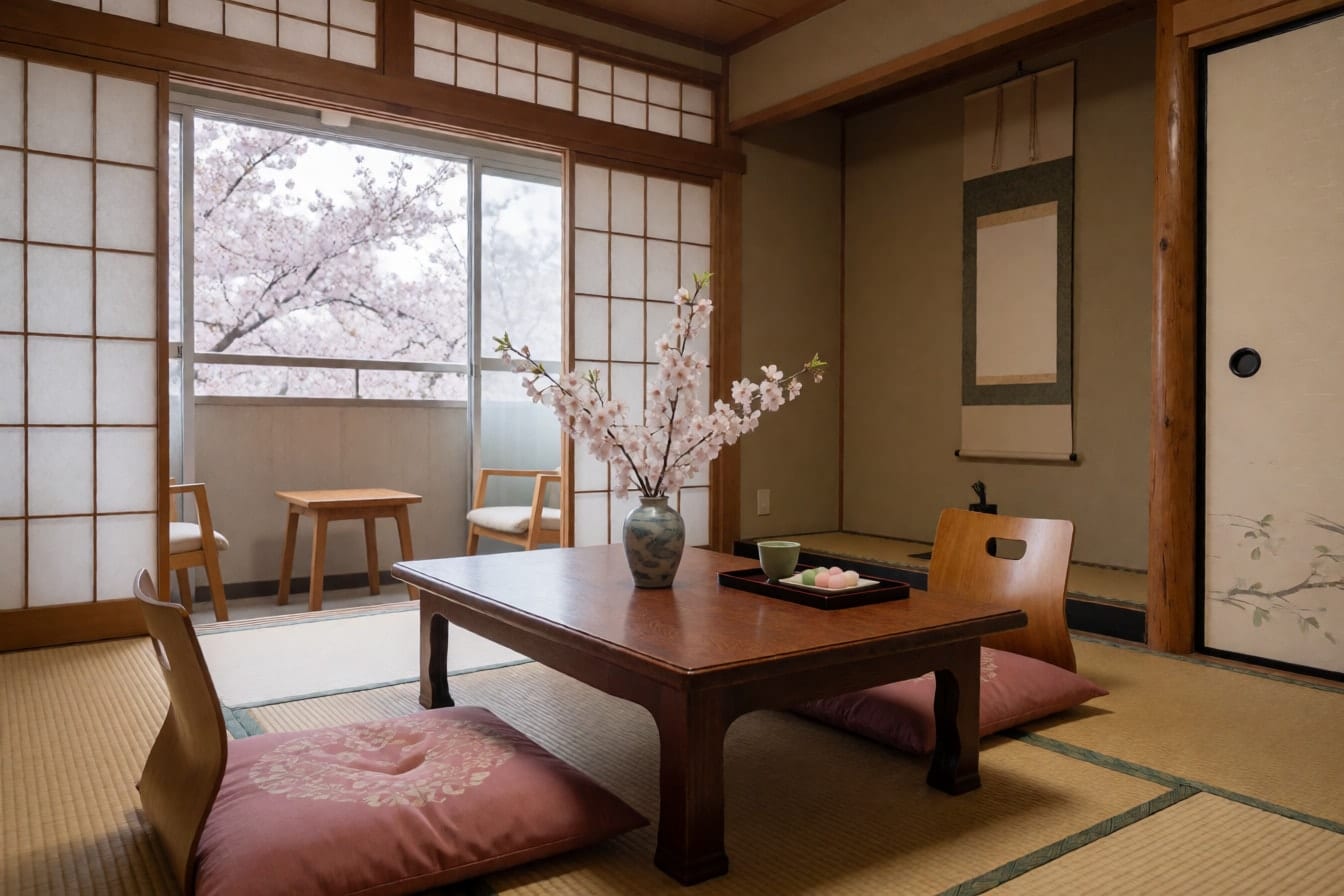 ちゃぶ台に桜の枝を生け、ピンクの座布団とお団子を置いた、障子から春の光が入る6畳の和室