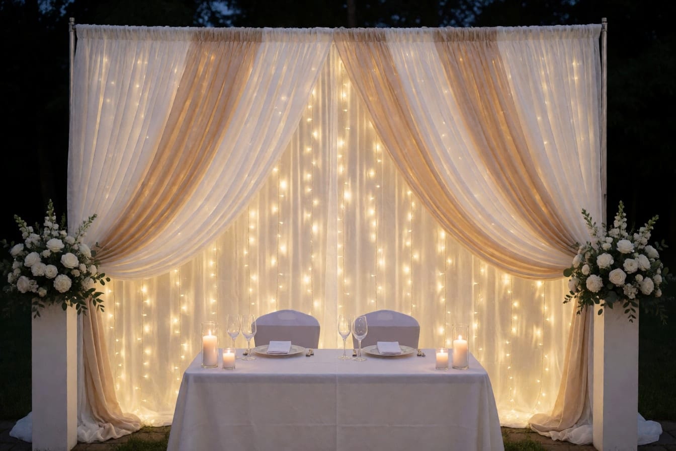 Puti at champagne na chiffon sa backdrop stand na may fairy lights sa likod, puting bulaklak sa magkabilang gilid at sweetheart table na may kandila