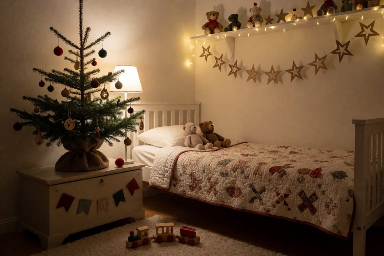 Kuwarto ng bata na may maliit na Christmas tree sa mababang aparador, papel na garland ng bituin sa itaas ng kama at fairy lights sa estante