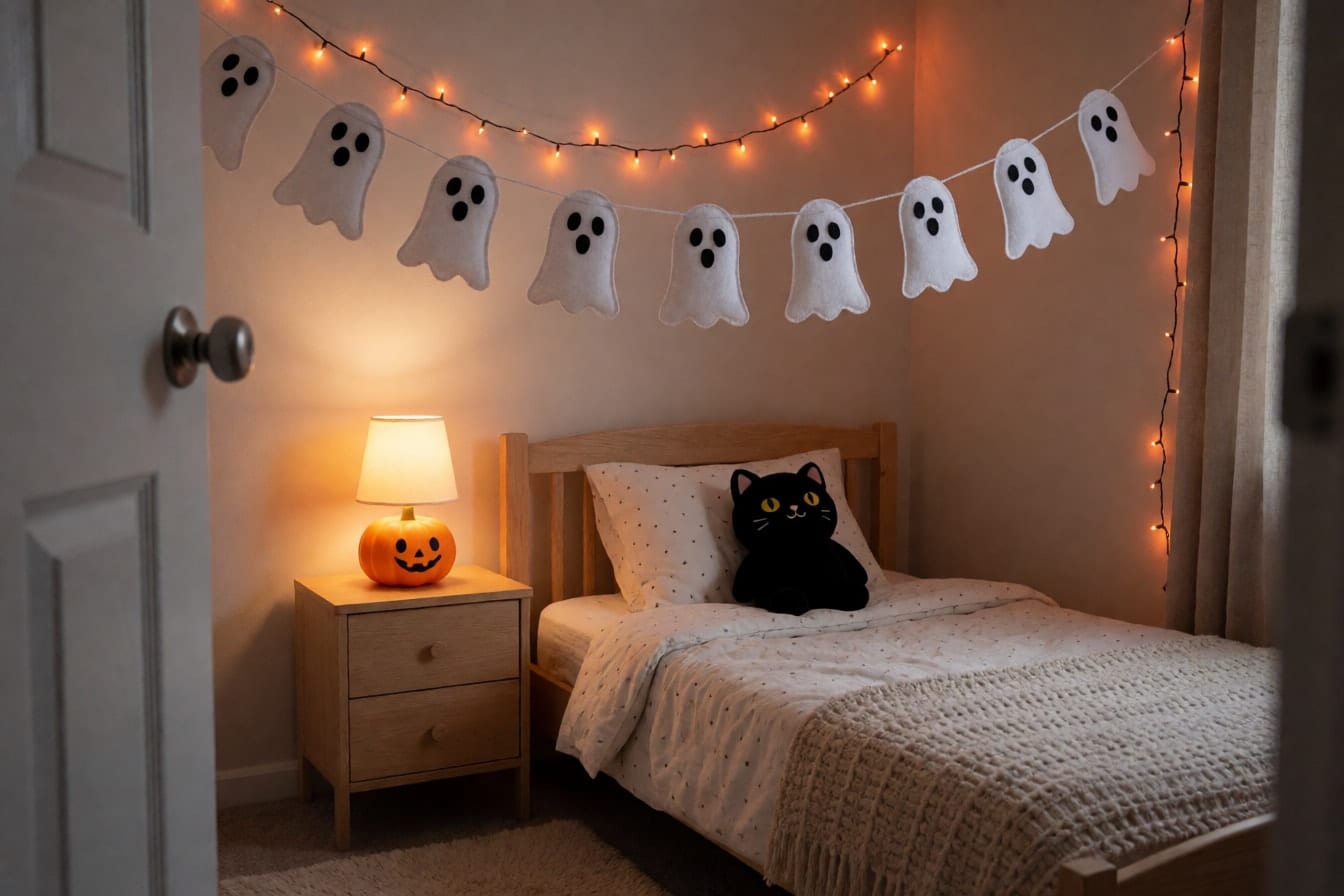 A child's bedroom with a felt ghost garland, a smiling pumpkin lamp and orange string lights