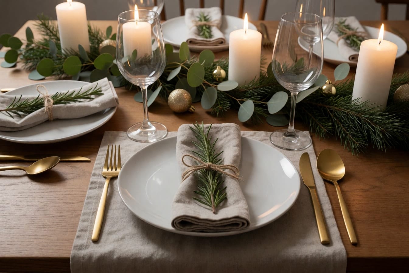 Mesang handa sa hapunan ng Pasko na may puting plato, napkin na may rosemary, gintong kubyertos at runner ng halaman na may kandila