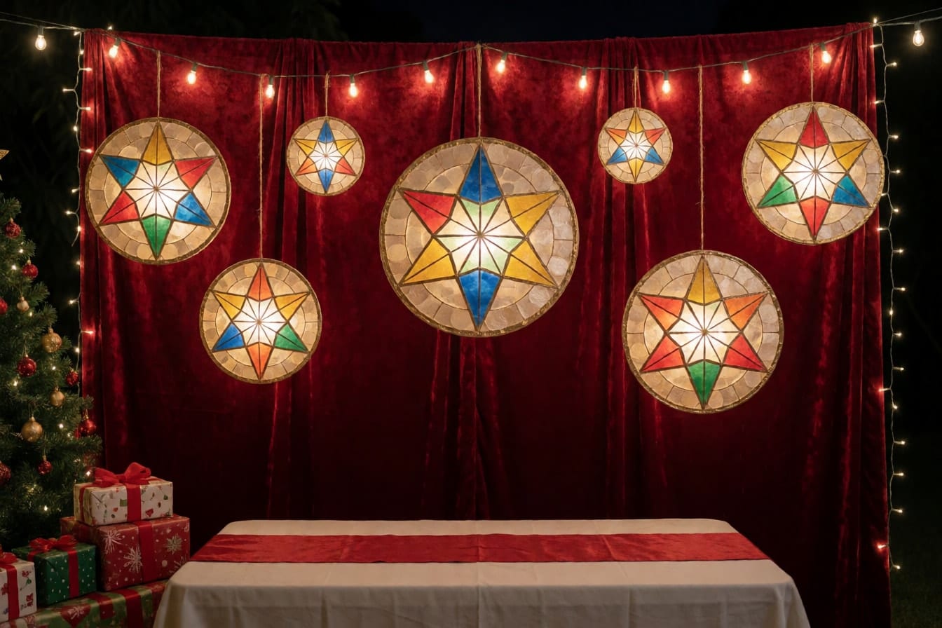Mga parol na hugis bituin na gawa sa capiz at papel, umiilaw sa harap ng pulang velvet na drape, may Christmas tree at regalo sa gilid