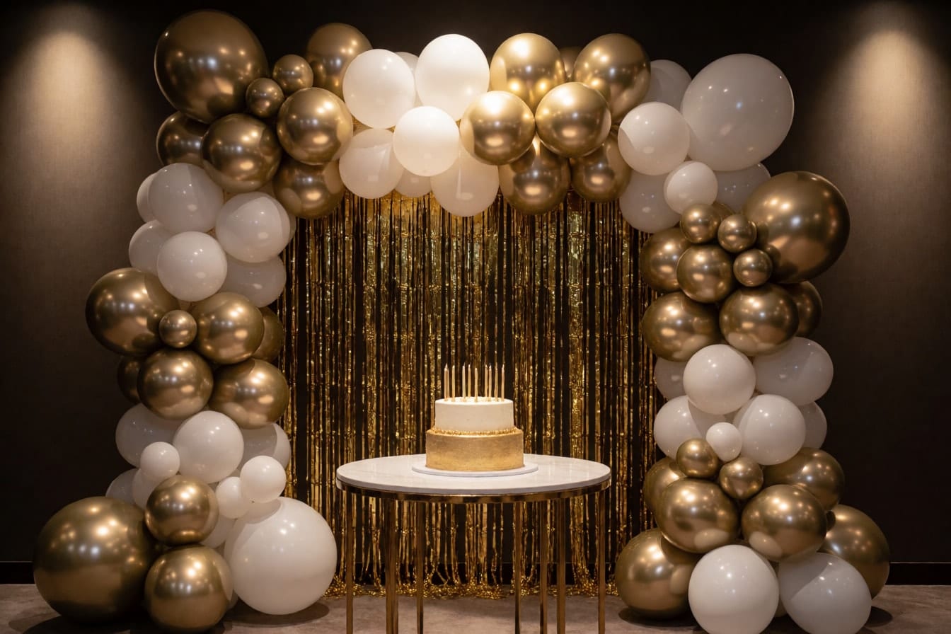 Chrome gold, champagne at puting lobo sa paligid ng gold tinsel curtain, may bilog na mesa na may puti at gold na cake at kandila