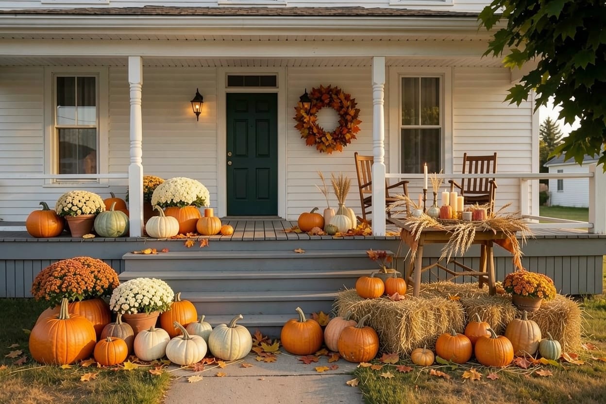 The front porch of a clapboard house in Ontario, decorated for an autumn harvest, with its steps, door and chairs kept.