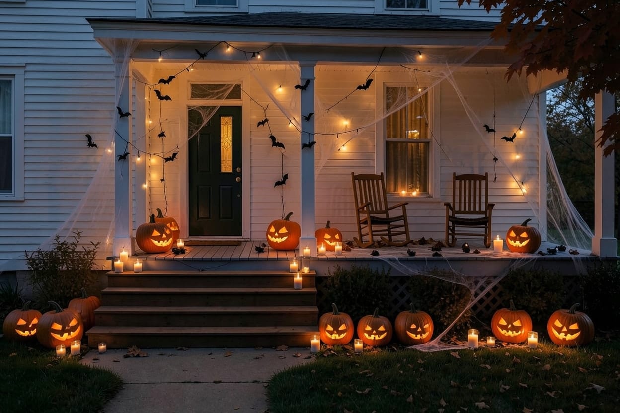 The front porch and steps of a wooden clapboard house, decorated for Halloween.