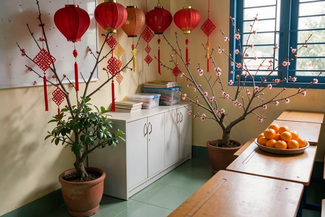 Góc lớp học trang trí Tết với sắc đỏ vàng, hoa và quả bày trên tủ thấp