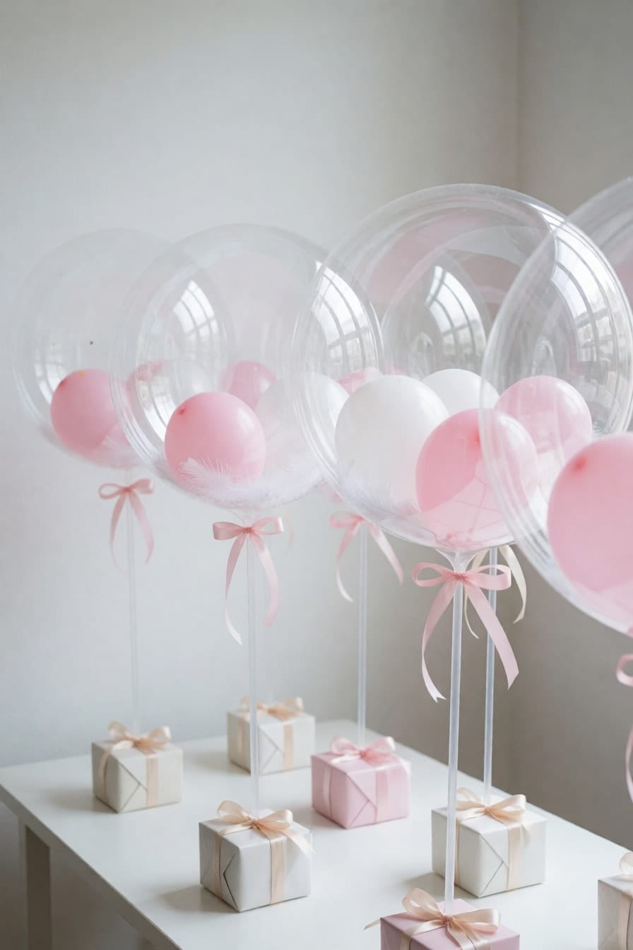 Hilera ng clear na bubble balloon na may maliliit na pink at puting lobo at puting balahibo sa loob, sa puting mesa na may maliliit na regalo