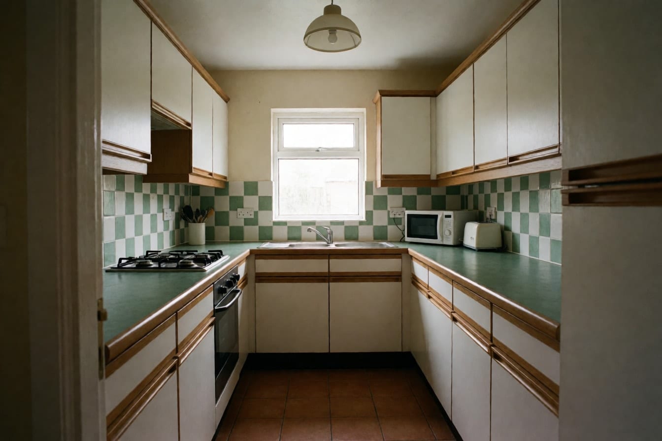 Saradong U-shaped na kusina na may puting cabinet, berdeng laminate na counter, checkered na tiles at iisang ilaw sa kisame