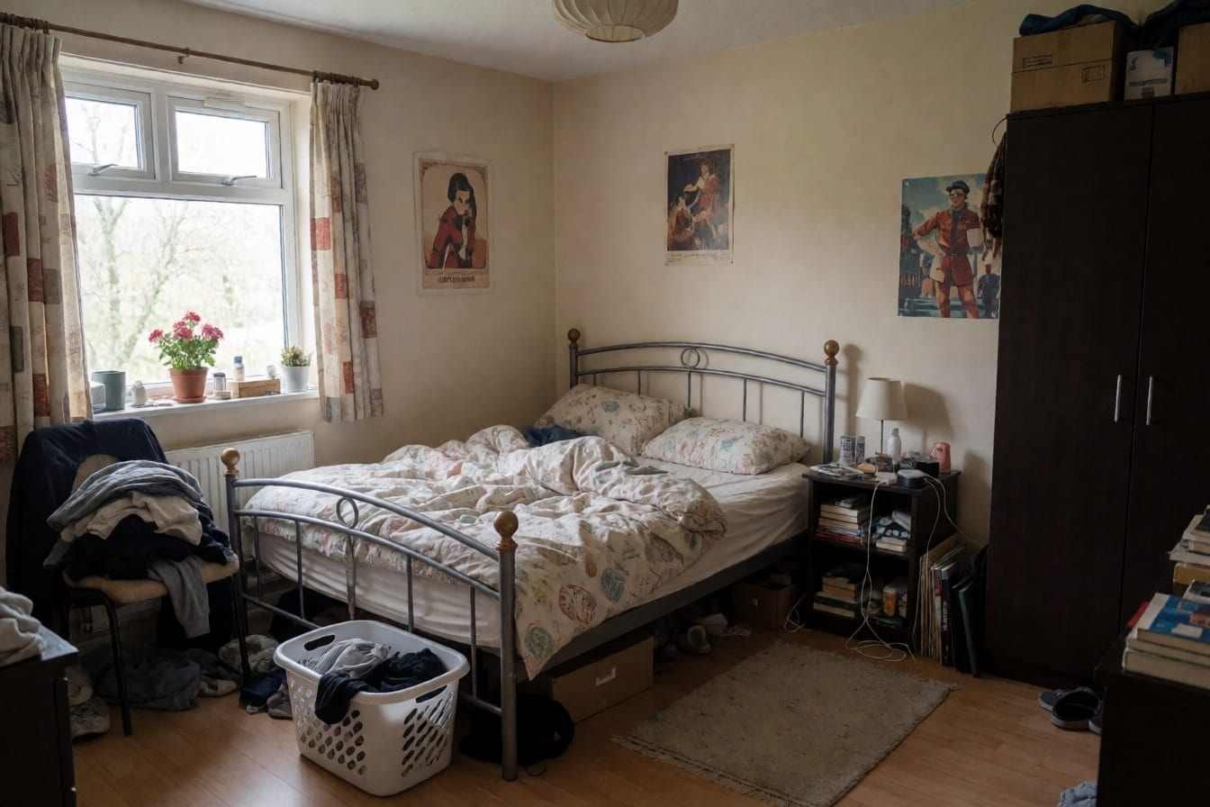 Unordentliches Schlafzimmer mit Metallbett, gemusterter Bettdecke, Kleidern auf einem Stuhl, Wäschekorb, dunklem Schrank mit Kartons und beigen Wänden mit Postern