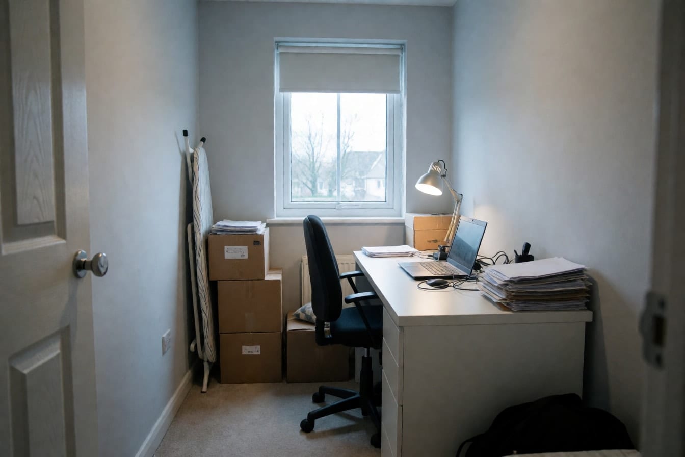 A cramped spare room used as an office, with cardboard boxes, loose cables and an ironing board