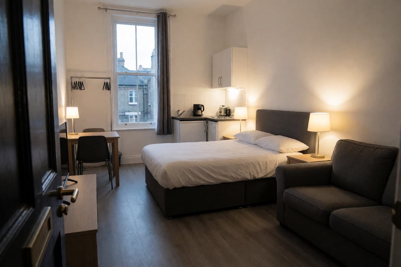 A cramped studio apartment with a bed, a small sofa, a clothes rack and a kitchenette