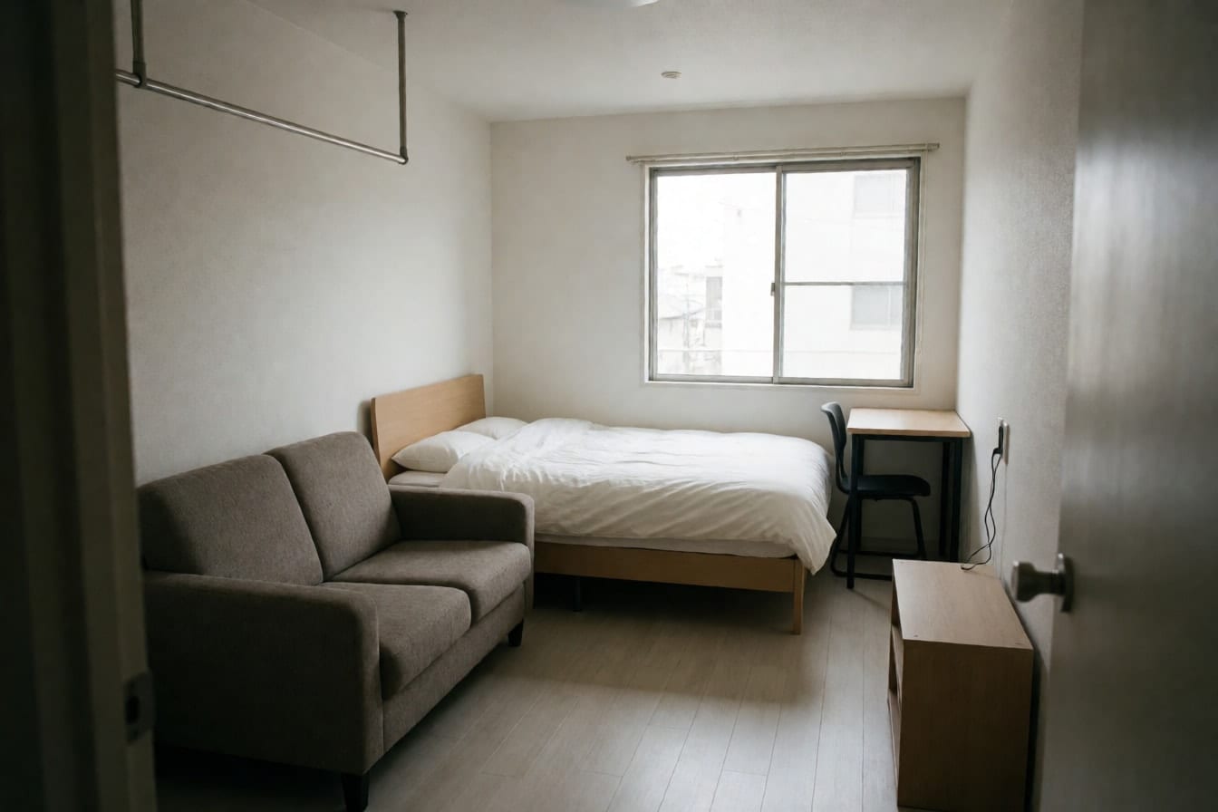 Un monolocale con il letto in mezzo alla stanza, un divanetto rivolto al muro e la scrivania stretta vicino alla finestra