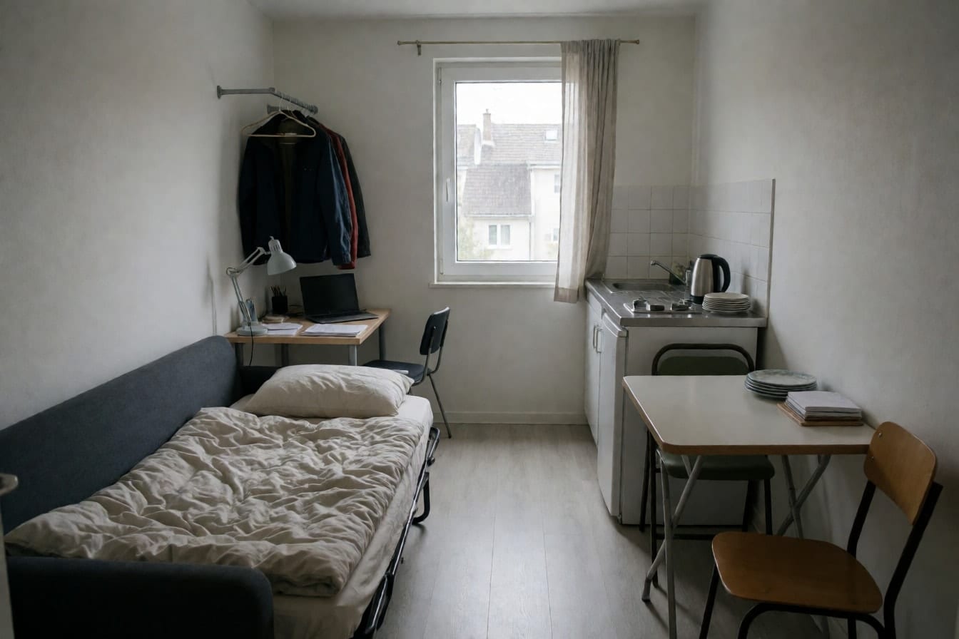 Un studio en location encombré, canapé-lit déplié, bureau couvert de papiers, portant à vêtements, kitchenette et table pliante