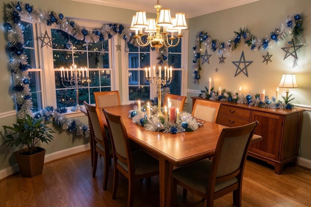 The dining room of a colonial family house in New Jersey, with its long wooden table, decorated for Hanukkah.