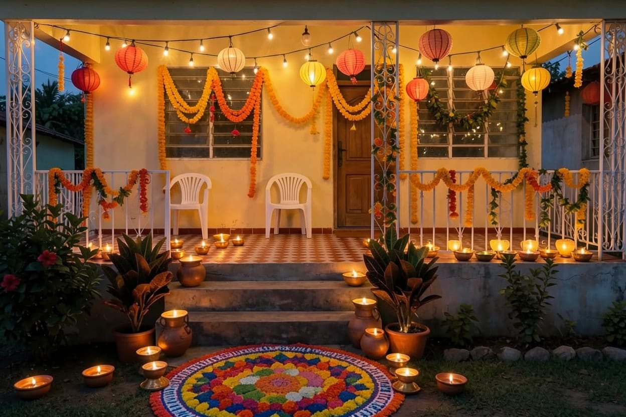 Beranda hadapan berjubin sebuah rumah keluarga konkrit, dihias di luar rumah untuk Deepavali.