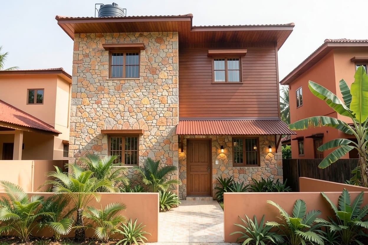 Cùng ngôi nhà bê tông sau khi đổi sang phong cách nhiệt đới, tông đất ấm, mái đua sâu, lam gỗ và cây xanh phía trước