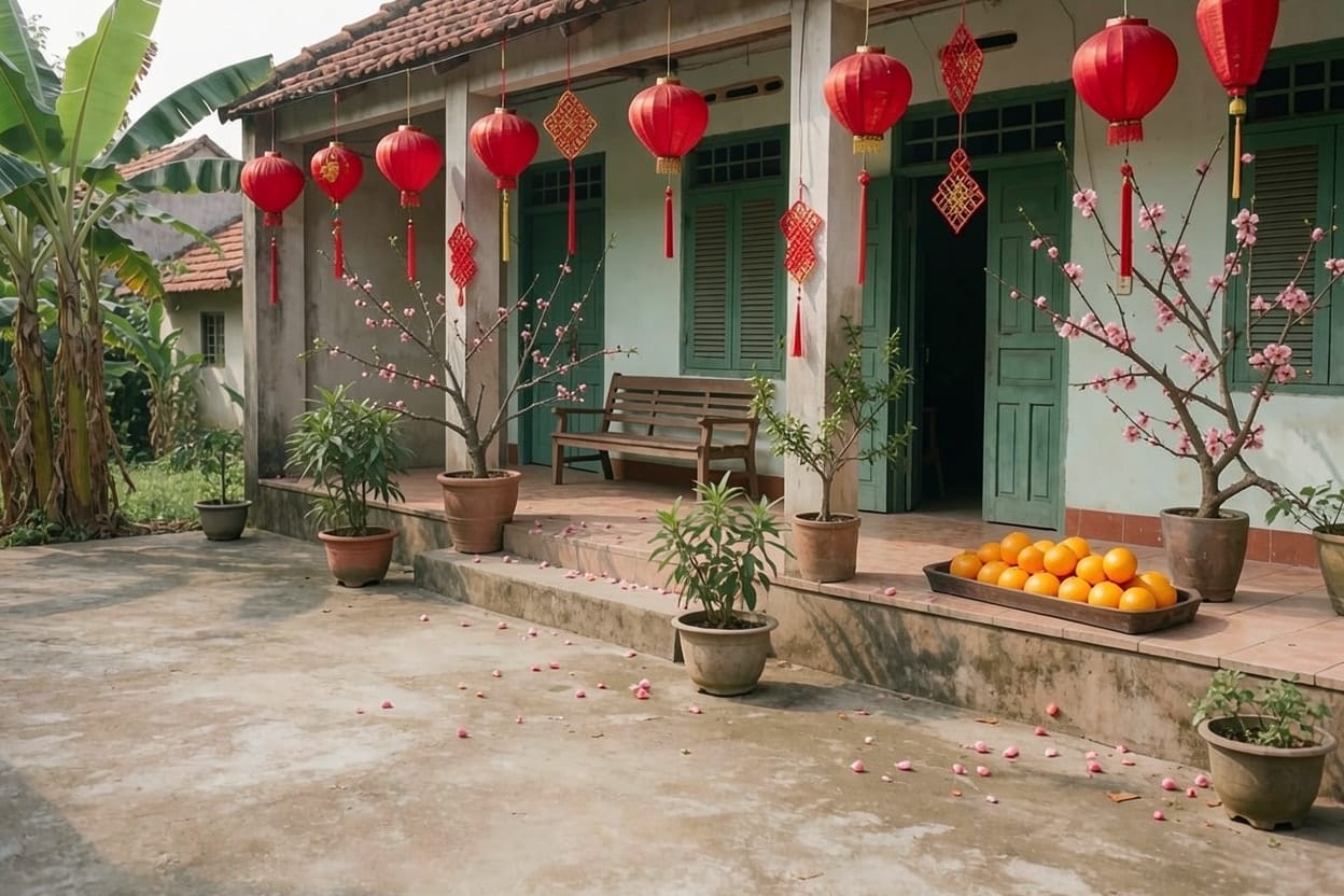 Hiên và sân nhà cấp bốn ấy trang trí Tết với đồ trang trí đỏ vàng dọc hiên và ngoài sân, ngôi nhà giữ nguyên